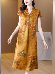 Partykleider Sommer Kurzarm Seide Blumen V-Ausschnitt Midikleid Frauen Luxus Elegant Lose Taille 2023 Korean Vintage Casual