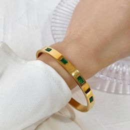 Bangle Light Luxury Simple Stainless Steel PVD Gold Plated Green Cubic Zircon Buckle Bracelet For Women Waterproof Fashion Gift