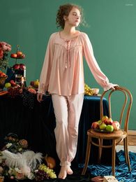 Pijamas de algodão vintage de roupas de dormir femininas para Lady Lady Manga longa cor real cor sólida Spring Autumn Suits Casual