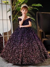 Princesa árabe Vestidos para niñas de flores 3D con lentejuelas blingbling púrpura Bebé Niñas pequeñas Niños adorables Cumpleaños Primera comunión Vestidos 2023 vestidos de navidad