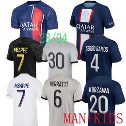 2023 2024サッカージャージMaillot de Foot Mbappe Hakimi Markinhos Verratti Footbale Shird 22 23 24 Sergio Ramos PSGS Hommes Enfants Kid Kit 4番目のKimpembe Messis