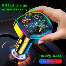 CAR FM Sändare Bluetooth 5.0 Charger MP3 Music Player PD 18W Type-C Dual USB 4.2A Colorful Ambient Light Cigarette Lighter