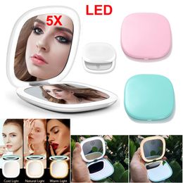 LED Lighted Makeup Mirror With Light Cosmetic Mirror 5x Magnifying Compact Pocket Portable Travel Unversial USB Rechargeable Design