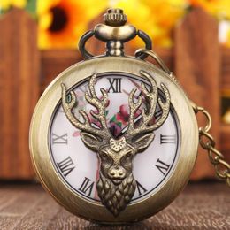 Pocket Watches Retro Bronze Elk Head Hollow Cover Sika Deer Flowers Horns Dial Design Quartz Watch Necklace Pendant Antique Clock