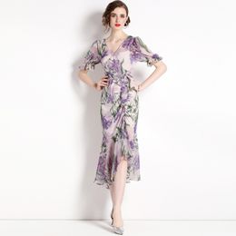 2023 Summer New Item European Station Fashion Women's Fishtail Skirt Short Sleeve V-tie Print Chiffon Dress