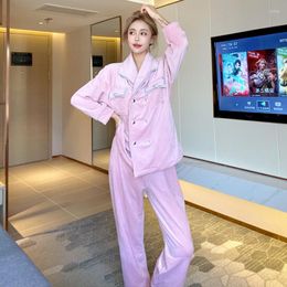 Women's Sleepwear Long Sleeve Sleep Suit Nightwear Pajamas Sets Home Clothes Shirt Pant Fleece Keep Warm 2Pcs Lapel Homewear