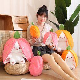 Carrot Rabbit Throw Pillow Strawberry Rabbit Plush Toy Creative Stuffed Doll Surprise Strawberry Bag for Kid Girls Birthday Gift