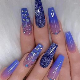 False Nails Blue Gradient Colors Ballerina nep met strass Milky Way of Dreams Coffin Artificial Press on Nial Art Tips