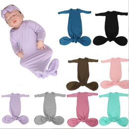 Newborn Sleeping Bags Caps Set Solid Rompers Headband Suit Anti Kick Climbing Clothes Knotted Onesie Pajamas Set Homewear Sleepwear BC291