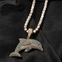 Hip Hop Iced Out Dolphin Pendant Necklace Micro Paved Zircon Bling Animal Jewelry Gift