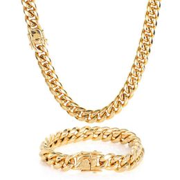 Jóias de pulseira de colar de corrente de ligação cubana Conjunto de joias de 18k Colar de aço inoxidável de ouro real com fivela de mola de design com design