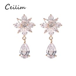 Fashion Designer Cubic Zirconia Sun Flower Waterdrop Dangle Earrings for Women Bridal Wedding Chandelier Ear Earring Party Jewelry Gift