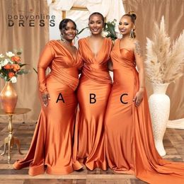 African Orange Red V neck Plus Size Mermaid Bridesmaid Dresses Nigeria Girls Ruched Satin Wedding Guest Dress Sexy Long Maid of Honor Gowns BC11919