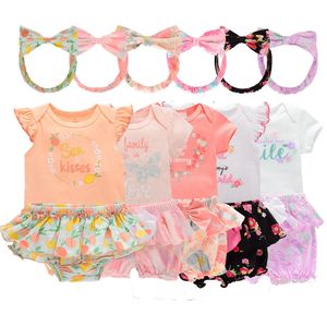 0-12m bébé Baby Short à manches Bénéraison pour filles Vêtements d'été One-Piece Bodys 3 Pack Headwear Set pour les tout-petits costumes 240325