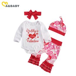 0-12M Papa's Little Valentine Infant Born Baby Girls Vêtements Set Lettre Romper Flare Pantalon Chapeau Bandeau Tenues 210515