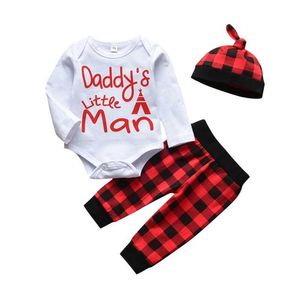 0-12m Enfant Bébé Garçon 3pcs Vêtements Ensemble Nouveau-né Bébé Garçons Lettre Imprimer Papa Petit Homme Barboteuse Pantalon Rouge Plaid Tenues Tissu G1023