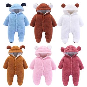 0-12m Toddler Clothes Nouveau-né Bébé Garçons Filles Hiver Casual Barboteuses À Manches Longues Avec Capuche Velours Chaud Bébé Outfit 6 Couleurs 210312