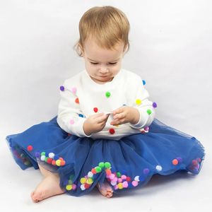 0-12Y / Enfants Filles Jupe Tulle Jupe Coloré Pompon Princesse Danse mini tutu Jupe Taille Élastique Pettiskirt Bébé Vêtements A311 240325