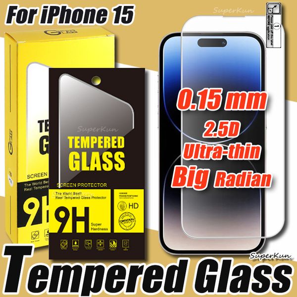 Protector de pantalla de vidrio templado de alta gama ultra delgado de 0.15 mm para iPhone 15 14 13 12 11 Pro Max 8 7 6 Plus SE2 SE3 Película de engrasamiento de plasma de arco Super Big con caja de papel