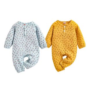 0-18 m herfst babymeisje Casual katoen romper bloemen bedrukt patroon ronde kraag met lange mouwen blauw geel schattig mode dagelijkse slijtage G220521