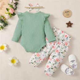 0-18 maanden babymeisje dagelijkse kleding set groene lange mouw romper top + bloemen broek met hoofdbandveer heerlijke 3-stcs outfit