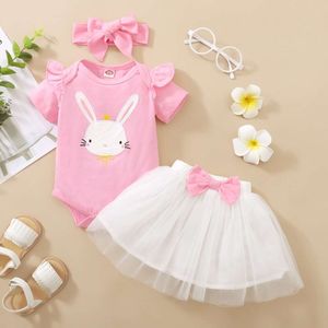 0-18 maanden Pasgeboren babymeisje Dagelijkse kleding set konijn afdrukken korte mouw romper+ tule rok+ hoofdband zomer 3 stks outfit l2405