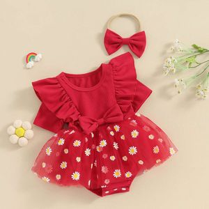 0-18m 2pcs Baby Girls Baby Girls Sweet Rober Rober Ruffles à manches courtes Floral Tulle Patchwork Jumps Courstes
