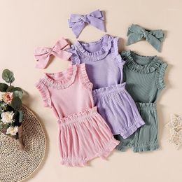 Body de algodón sin mangas de Color sólido para niña nacida de 0 a 18M, Tops, pantalones cortos, diadema inferior, trajes de 3 uds, conjunto de ropa de verano, conjuntos de ropa