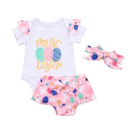 0-18M Né Bébé Bébé Filles Mon 1er Vêtements de Pâques Ensemble Mignon Oeuf Imprimer Romper Bow Shorts Tenues 210515