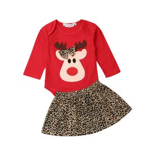 0-18M Navidad nacido bebé niña ropa conjunto dibujos animados ciervos manga larga tops leopardo faldas trajes de navidad 210515