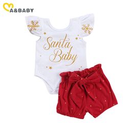 0-18M Noël né Infantile Bébé Filles Vêtements Ensemble Volants Santa Barboteuse Rouge Arc Shorts Tenues De Noël 210515