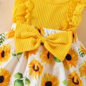 0-18m baby babymeisjes zoete romper jurk 2 stks bloem afdrukken kanten mouwloze voorste bowknot jumpsuits hoofdband