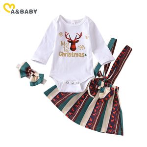 0-18M My 1st Christmas Baby Girl Clothes Set Infant Geboren Herten Romper Boog Groene Rokken Xmas Outfits 210515