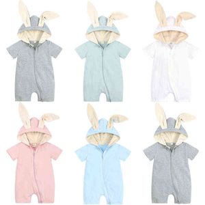 0-18M Bebé recién nacido Onesie Con capucha Orejas de conejo Mamelucos de bebé Mono de manga corta de algodón Verano Infantil Bebé Niños Niñas Ropa G220510