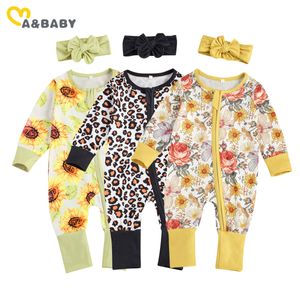 0-18m lente herfst geboren baby baby meisje rits romper lange mouw bloem luipaard jumpsuit playsuit kleding 210515