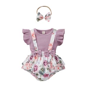 0-18m zomerbloem geboren baby baby meisjes kleding set paarse gebreide romper algemene shorts outfits kostuums 210515