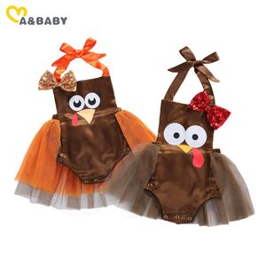 0-18M Thanksgiving Day Baby Girl Clothes Born Infant Girls Sequins Tule Romper Cartoon Turkije Party Jumpsuit 210515