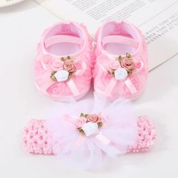 0-18 maanden Babymeisjes schoenen zachte zool bloemenwieg schoenen elastische band niet-slip peuter meisjes schoffels met hoofdbandsets