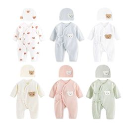 0-1m Baby jumpsuits Hoed Set On-PeCes Lange mouw Romper Spring kleding Cartoonbeer Pamas Katoen Bodysuit voor zuigelingen L2405