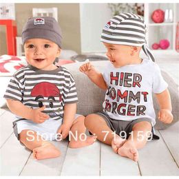 0 ~ 2 leeftijden zomer cartoon schattige streep kinderen kleding kid pak hoed + t-shirt + pant 3 stks baby meisje jongen set 210615