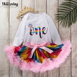 0-2 jaar oude baby-outfit baby lange mouwen brief romper regenboogjurk prinses jurk set
