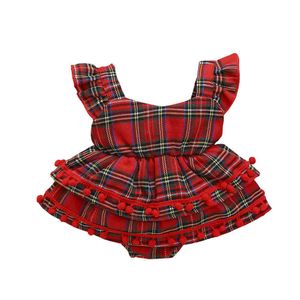 0-24 M baby romper plaid print ontwerp klassieke vliegende mouw harige kogel kwastje verfraaide bodem snap knop jumpsuit mode G220521