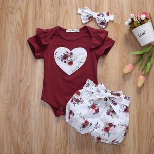 0-24 mois des vêtements d'été des filles de nouveau-nés tenues de cœur imprimé coeur fleurs rober fleurs imprimées shorts bowknot bandeau 3 pcs l2405