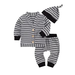 0-24M Automne Hiver Né Bébé Baby Garçon Vêtements Ensemble à rayures manches longues Pantalon Chapeau Casual Toddler Tenues 210515