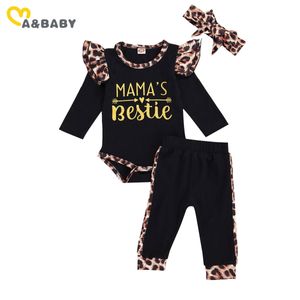 0-24M Né bébé bébé fille vêtements léopard ensemble lettre volants barboteuse pantalon bandeau tenues 210515