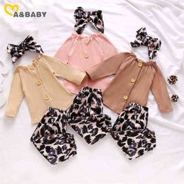 0-24M né infantile bébé filles vêtements ensemble pull tricoté haut léopard pantalon arc bandeau tenue mignon fille Costume 210515