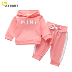 0-24M Born Baby Baby Girls Hooded Clothes Set Large Letter T-shirts Top Broek Herfst Casual Outfits 210515