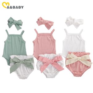 0-24M Né Bébé Bébé Filles Vêtements d'été Ensemble tricoté sans manches Romper Bow Bloomer Shorts Tenues Costumes doux 210515