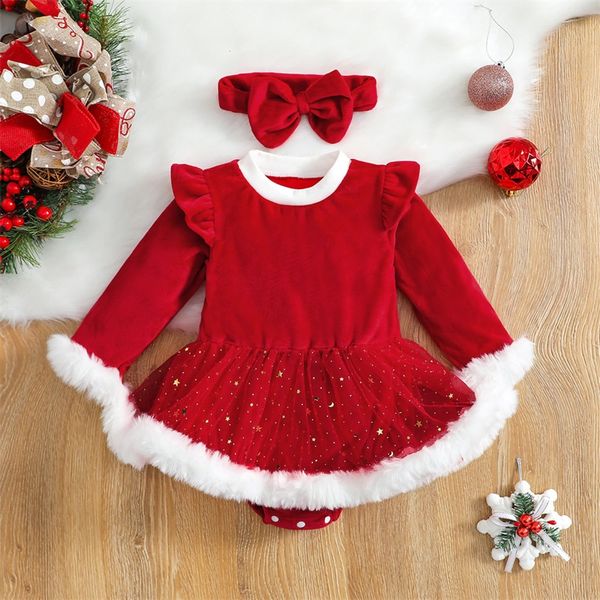 Pelele rojo de Navidad para bebé de 0 a 24 meses, mono con volantes de terciopelo para niña recién nacida, disfraces de Año Nuevo de Navidad