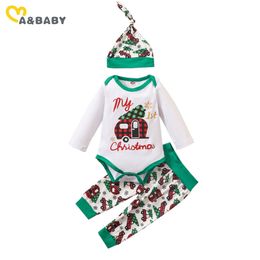 0-24m Kerstgeboren baby babyjongen kleding set cartoon auto lange mouw romper groene broek peuter jongen Xmas outfits 210515